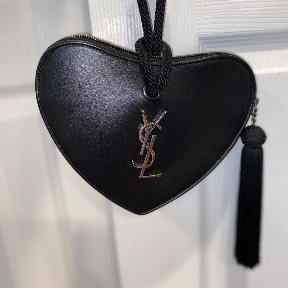 YSL  black tassel leather heart shape clutch bag